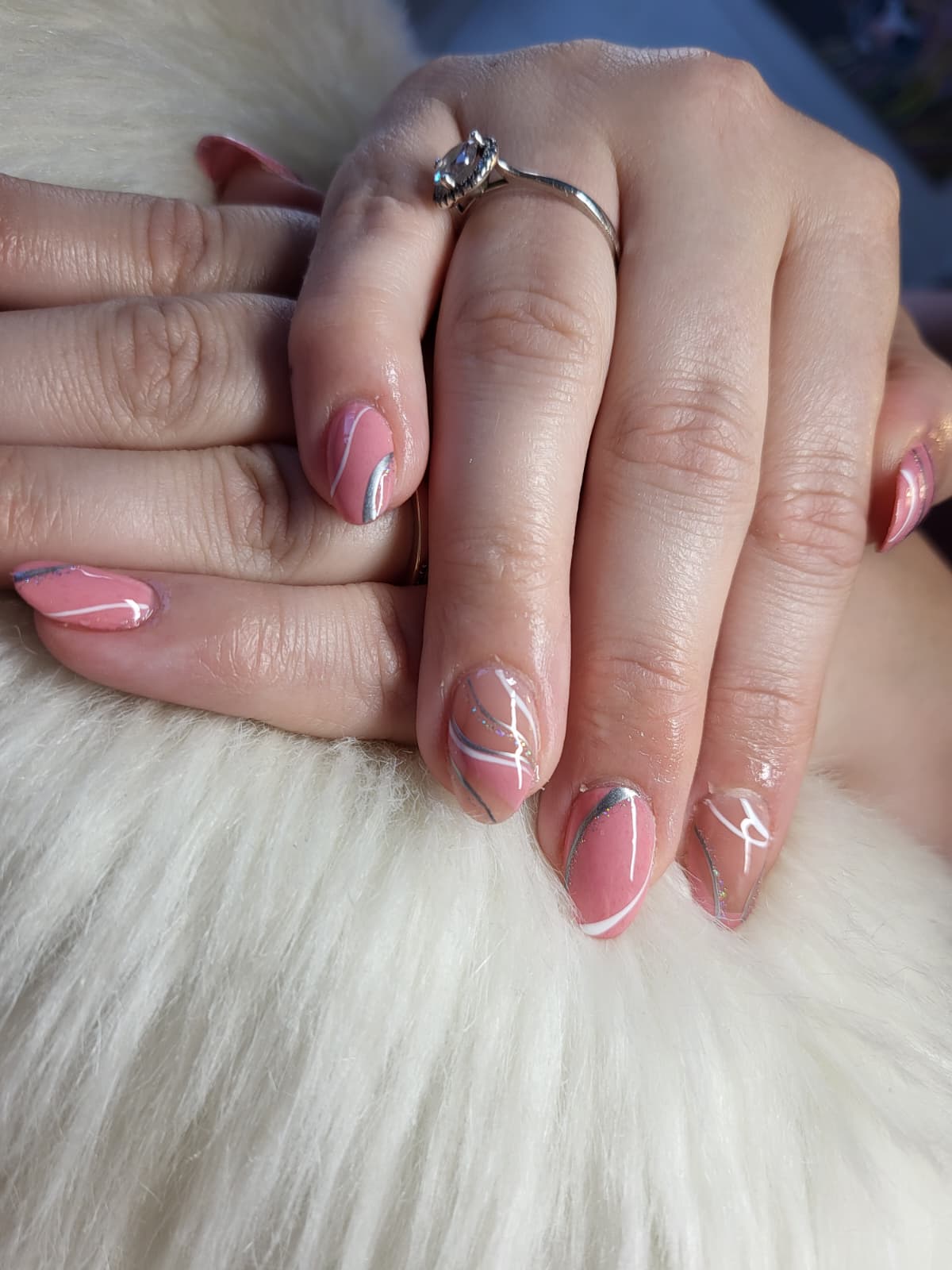 Pink with silver and white line art